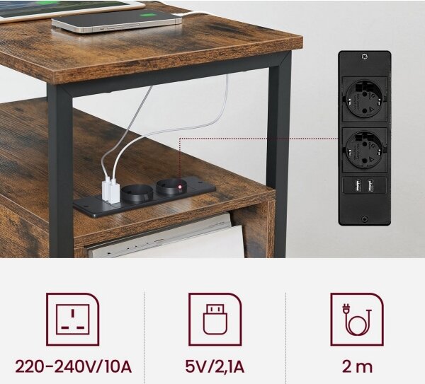 Odkládací stolek s vestavěnými zásuvkami a USB porty ROD 65x35 cm hnědá/černá