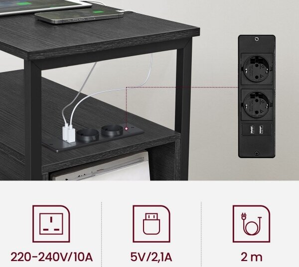 Odkládací stolek s vestavěnými zásuvkami a USB porty ROD 60x35 cm černá