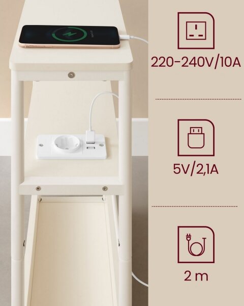 Odkládací stolek s vestavěnou zásuvkou a USB porty ROD 45x18 cm bílá