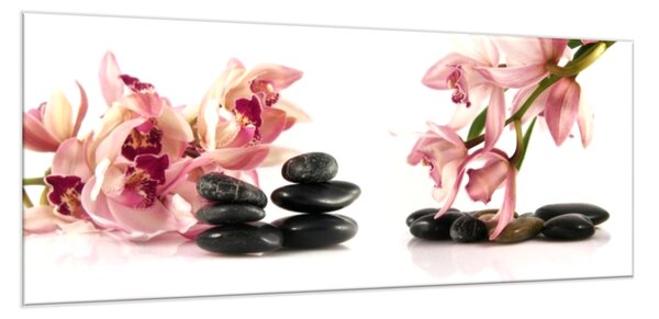 Obraz skleněný růžová orchidej a černé oblázky - 30 x 60 cm