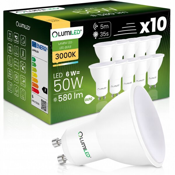 10x LED žárovka GU10 reflektor 6W = 50W 580LM 3000K teplá bílá 120° Lumiled