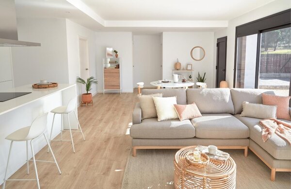 Šedá látková třímístná rohová pohovka Kave Home Mihaela 264 cm, pravá
