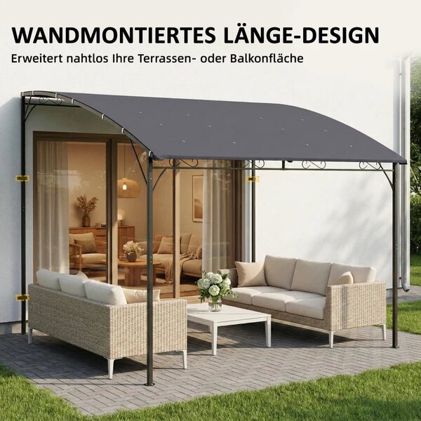 Outsunny stěnová zahradní pergola, 384 × 286 × 252 cm — šikmá drenážní střecha, nepromokavá stříška UPF30+, práškově lakovaný kovový rám, šedá | Aosom
