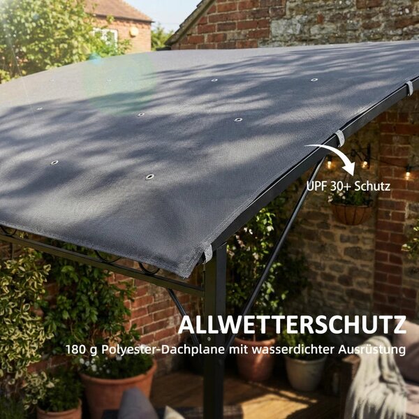 Outsunny stěnová zahradní pergola, 384 × 286 × 252 cm — šikmá drenážní střecha, nepromokavá stříška UPF30+, práškově lakovaný kovový rám, šedá | Aosom