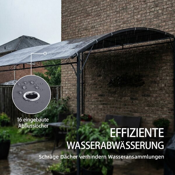 Outsunny stěnová zahradní pergola, 384 × 286 × 252 cm — šikmá drenážní střecha, nepromokavá stříška UPF30+, práškově lakovaný kovový rám, šedá | Aosom