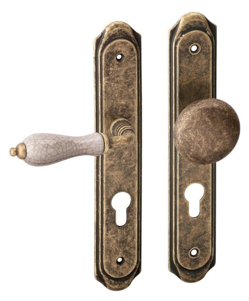 AC-T SERVIS Dveřní klika ANTIK patina bronz/porcelán - oválné štítové kování 72 mm Provedení štítu: BB - obyčejný klíč