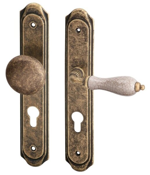 AC-T SERVIS Dveřní klika ANTIK patina bronz/porcelán - oválné štítové kování 72 mm Provedení štítu: BB - obyčejný klíč