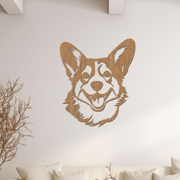 Dřevěná dekorace na stěnu psa Corgi hlava | Rozměry (cm): 34x40 | Zvolte barvu dekoru: Dub zlatý