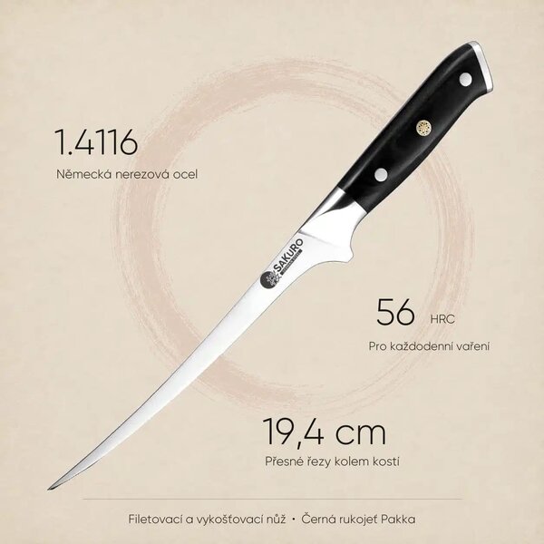 Filetovací a vykošťovací nůž z německé oceli SaKuRo Hanzo Black DE 19,4 cm