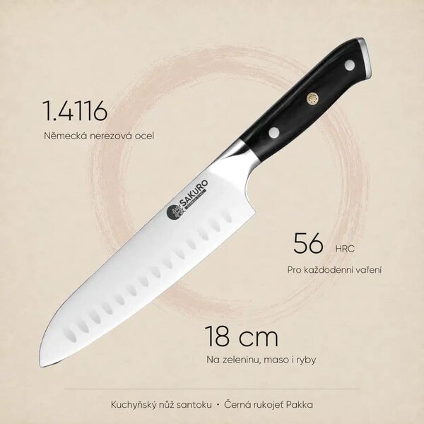 Santoku nůž z německé oceli SaKuRo Hanzo Black DE 18 cm