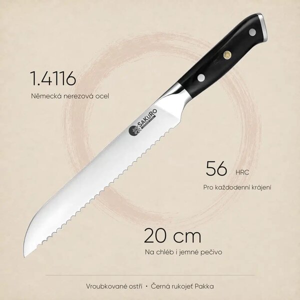 Nůž na pečivo z německé oceli SaKuRo Hanzo Black DE 20 cm