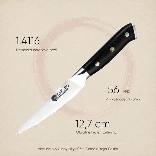 Víceúčelový kuchyňský nůž z německé oceli SaKuRo Hanzo Black DE 12,7 cm