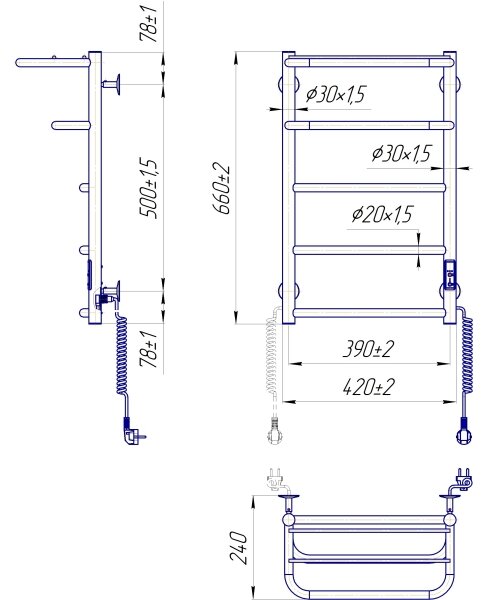 Koupelnový žebříkový radiátor HOTEL 75W/230V 66x42 cm nerez/bílá pravá