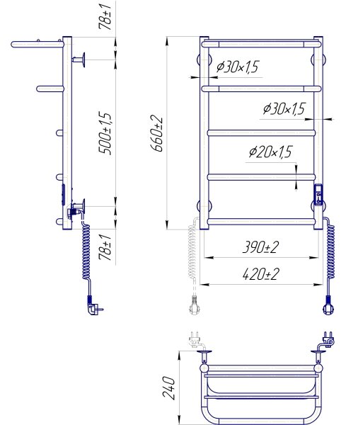 Koupelnový žebříkový radiátor HOTEL 75W/230V 66x42 cm nerez/černá pravá