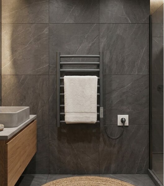 Koupelnový žebříkový radiátor CLASSIC 65W/230V 66x42 cm nerez/antracit pravá