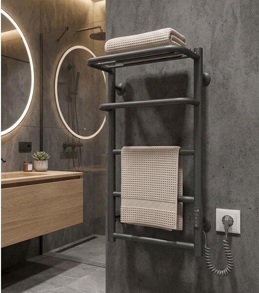 Koupelnový žebříkový radiátor HOTEL 75W/230V 66x42 cm nerez/antracit pravá