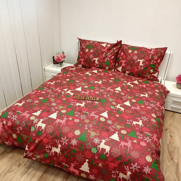 Povlečení bavlněné Vánoční povlečení Sváteční mix červený TiaHome - 1x Polštář 90x70cm, 1x Přikrývka 140x200cm