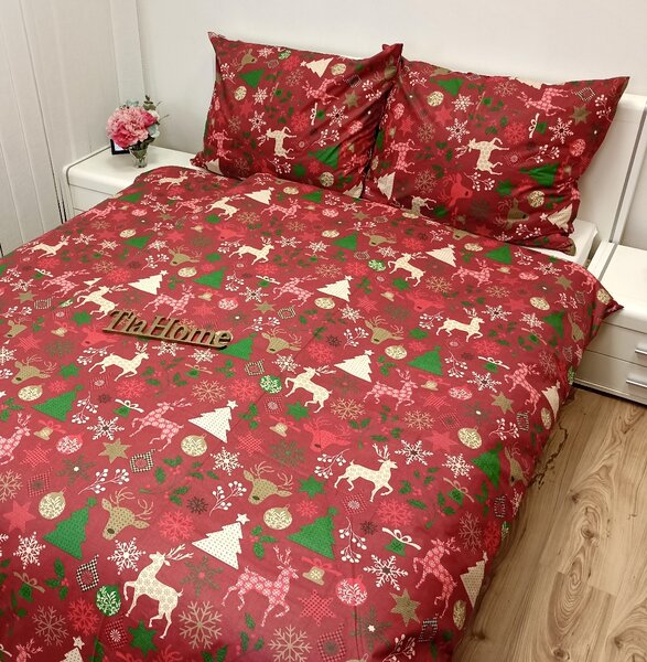 Povlečení bavlněné Vánoční povlečení Sváteční mix červený TiaHome - 1x Polštář 90x70cm, 1x Přikrývka 140x200cm