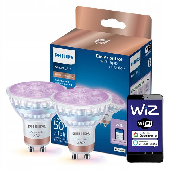 2x LED žárovka GU10 4,7W = 50W 2200-6500K + RGB 36° SMART WiFi Philips WiZ