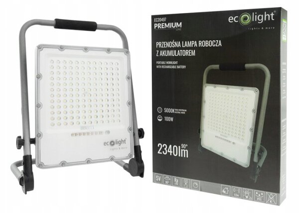 LED reflektor Ecolight 100 W 5000 K stříbrný IP65 s akumulátorem
