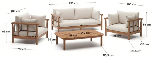 Dřevěný zahradní set pohovky, dvou křesel a stolku Kave Home Sacova s polštáři