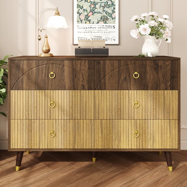 Komoda Moonbite s 6 zásuvkami, šířka 120 cm, dvoutónový design, přední část s pruhy, nohy z masivního dřeva, skříň do jídelny, materiál: MDF a dřevotříska, barva: přírodní