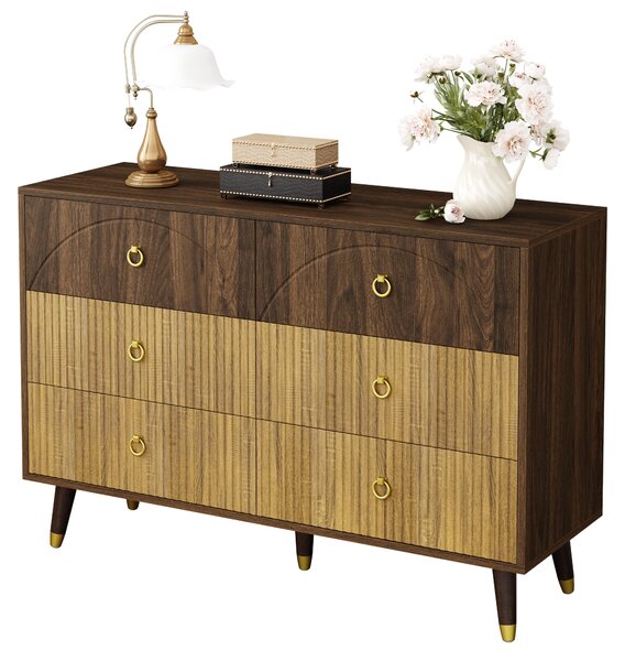 Komoda Moonbite s 6 zásuvkami, šířka 120 cm, dvoutónový design, přední část s pruhy, nohy z masivního dřeva, skříň do jídelny, materiál: MDF a dřevotříska, barva: přírodní