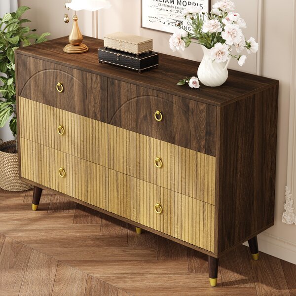 Komoda Moonbite s 6 zásuvkami, šířka 120 cm, dvoutónový design, přední část s pruhy, nohy z masivního dřeva, skříň do jídelny, materiál: MDF a dřevotříska, barva: přírodní