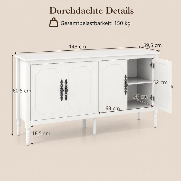 COSTWAY Komoda/skříňka, 4 dvířka, kuchyňská skříňka s pracovní deskou a policemi, servírovací komoda na nohou, rozměry: 148 x 39,5 x 80,5 cm