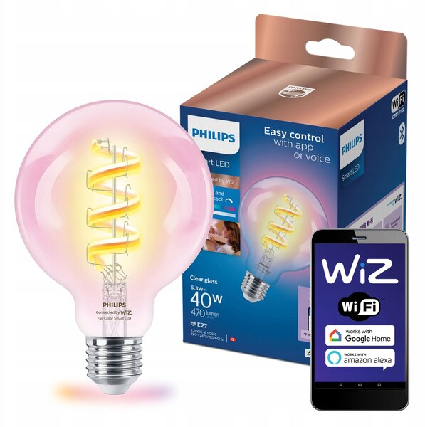 LED žárovka E27 PHILIPS Smart Filament, barevné světlo, 6,3W (ekvivalent 40W), 470lm