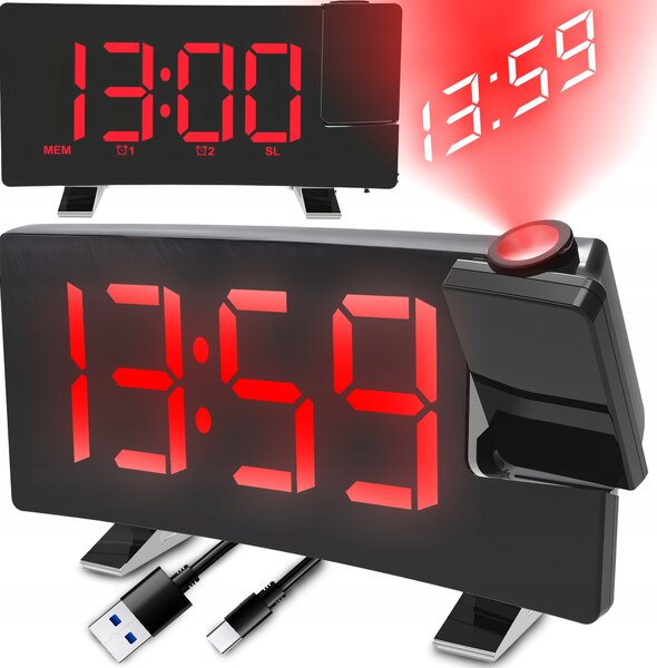 RADIOBUDÍK HODINY S PROJEKTOREM ČERNÝ USB HLASITÝ BUDÍK LED DISPLEJ XL