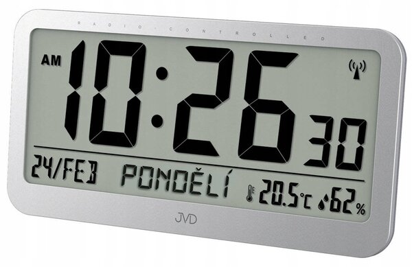 Nástěnné hodiny JVD RB9359.2 řízené rádiovým signálem DCF, s teploměrem a ukazatelem dne v týdnu PL