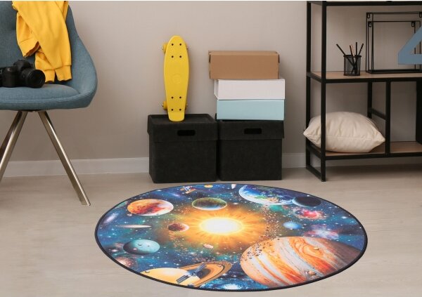 Kulatý dětský protiskluzový koberec PRINT 3D 80 cm planety/pestrobarevná