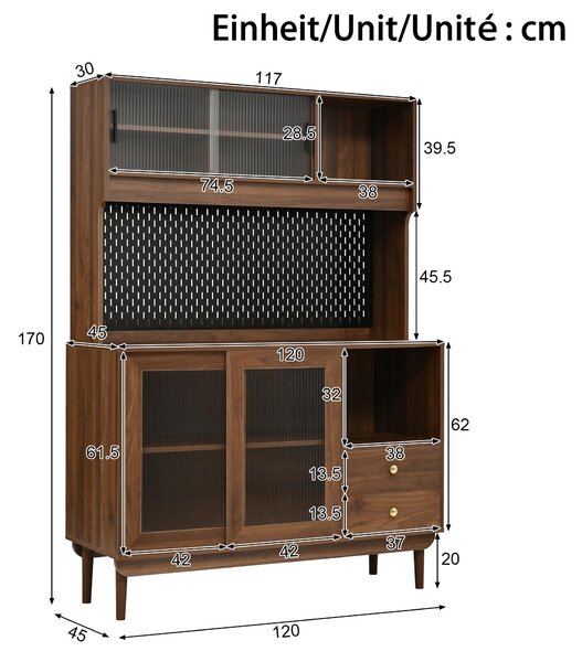 Kuchyňská skříň Moonbite s posuvnými dveřmi z reliéfního skla a perforovanou zadní stěnou, komoda 117 × 170 cm, 2 zásuvky, nožky z borovice, deska MDF a dřevotříska, ořechové dřevo