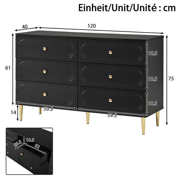 Komoda Moonbite, šířka 120 cm, se 6 zásuvkami, s oválnými výklenky, kovovými úchytkami a kovovými nohami, vyrobená z MDF a dřevotřísky, barva černá