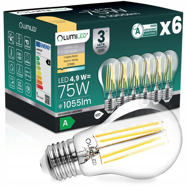 6x LED žárovka E27 filament, třída A, 4,9W 1055LM = 75W, 2700K, 360° Lumiled