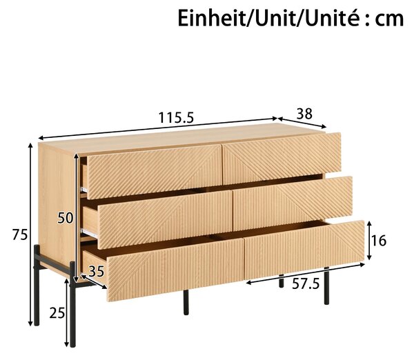 Komoda Moonbite se šesti zásuvkami a diagonální 3D strukturou, komoda šířky 115,5 cm s černými kovovými nohami, tiché výsuvy, deska z MDF, přírodní provedení