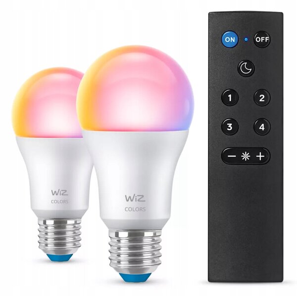 WiZ SET 2x LED žárovka E27 A60 8W 60W 806lm 2200-6500K RGB IP20, stmívatelná + ovladač