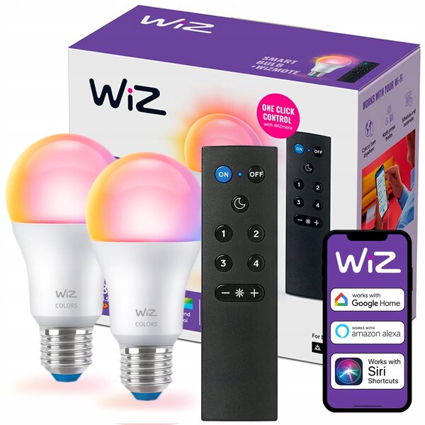 WiZ SET 2x LED žárovka E27 A60 8W 60W 806lm 2200-6500K RGB IP20, stmívatelná + ovladač