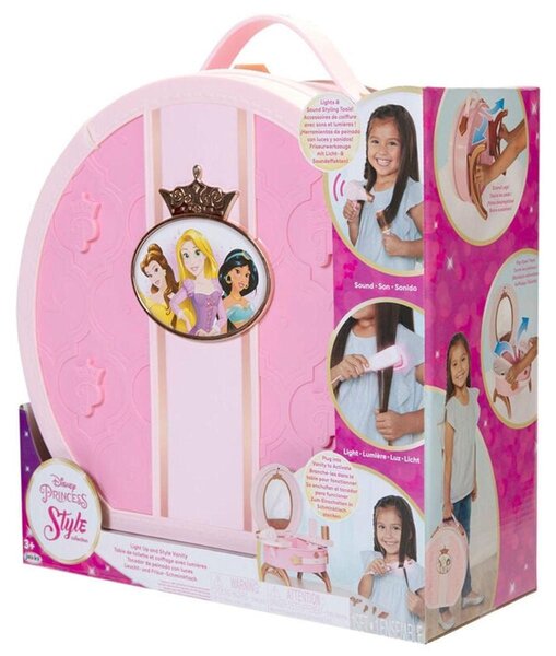 Sada cestovní toaletky s princeznami od společnosti Jakks Pacific, včetně zrcátka a příslušenství pro úpravu vlasů