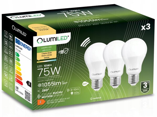 3x LED žárovka E27 A60 10W = 75W 1055lm 3000K Teplá bílá 260° LUMILED