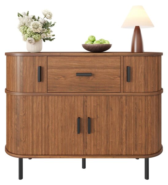 Komoda Moonbite se dvěma zásuvkami a posuvnými dvířky, komoda o šířce 110 cm s jednou zásuvkou, úložná skříň, vyrobené z MDF a dřevotřísky, povrchová úprava ořech