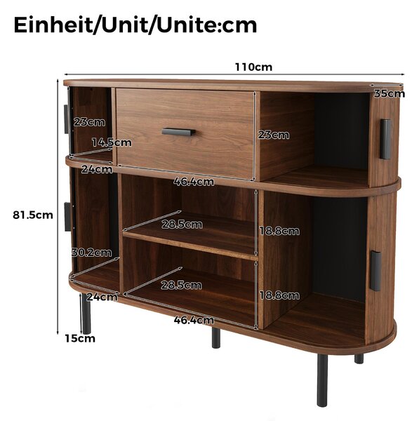 Komoda Moonbite se dvěma zásuvkami a posuvnými dvířky, komoda o šířce 110 cm s jednou zásuvkou, úložná skříň, vyrobené z MDF a dřevotřísky, povrchová úprava ořech