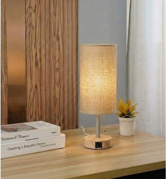 Brilagi - Stolní lampa s USB portem TABLON 1xE27/25W/230V dub/béžová