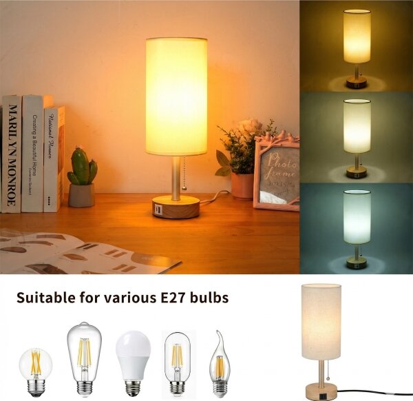 Brilagi - Stolní lampa s USB portem TABLON 1xE27/25W/230V dub/béžová/krémová