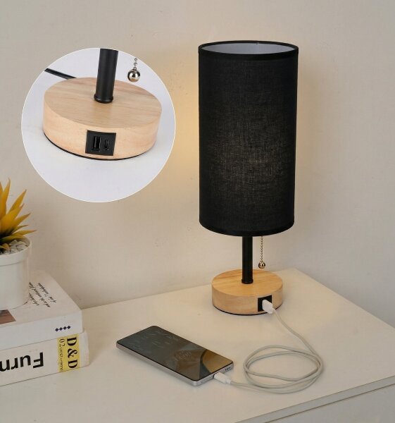 Brilagi - Stolní lampa s USB portem TABLON 1xE27/25W/230V dub/černá