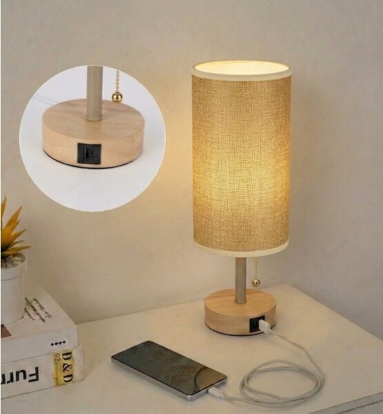 Brilagi - Stolní lampa s USB portem TABLON 1xE27/25W/230V dub/béžová