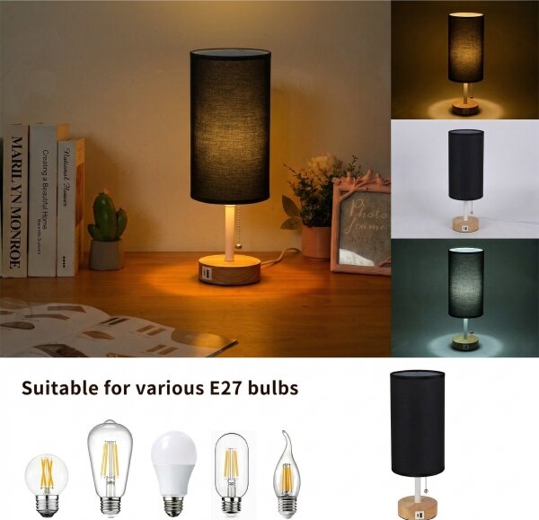 Brilagi - Stolní lampa s USB portem TABLON 1xE27/25W/230V dub/bílá/černá