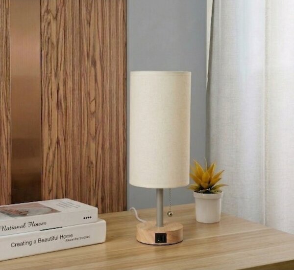 Brilagi - Stolní lampa s USB portem TABLON 1xE27/25W/230V dub/béžová/krémová
