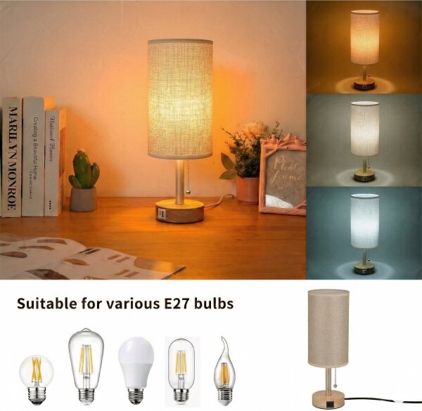Brilagi - Stolní lampa s USB portem TABLON 1xE27/25W/230V dub/béžová